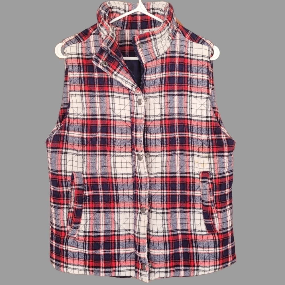 Staccato Red, White and Blue Plaid Quilted Zip And Button Up Vest Size L